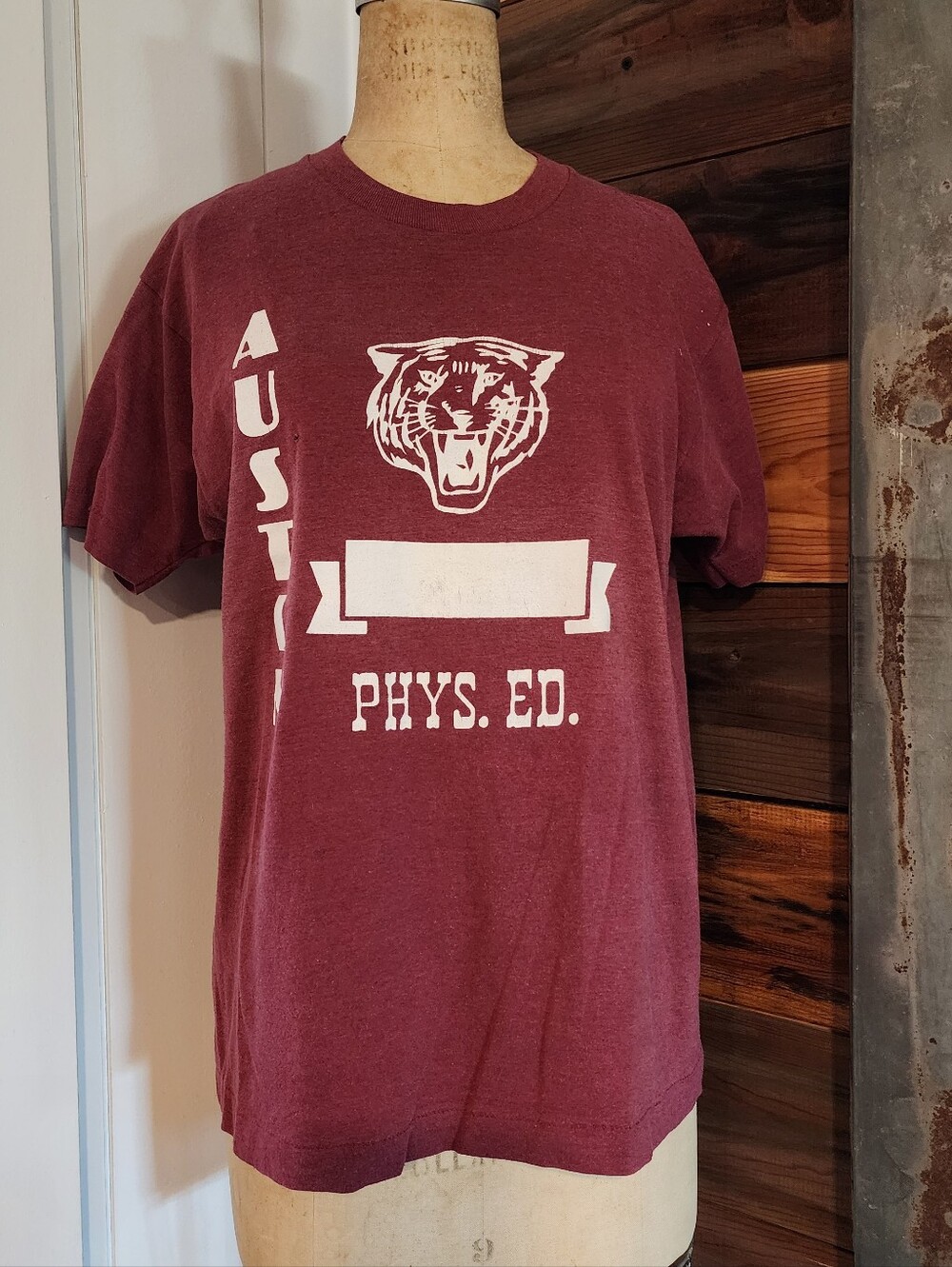 Vintage Austin Phys. Ed. Screen Stars Single Stitch Maroon Graphic Tee.